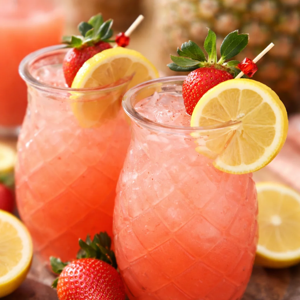 Refreshing Pineapple Pink Lemonade with a vibrant color, perfect for summer parties.