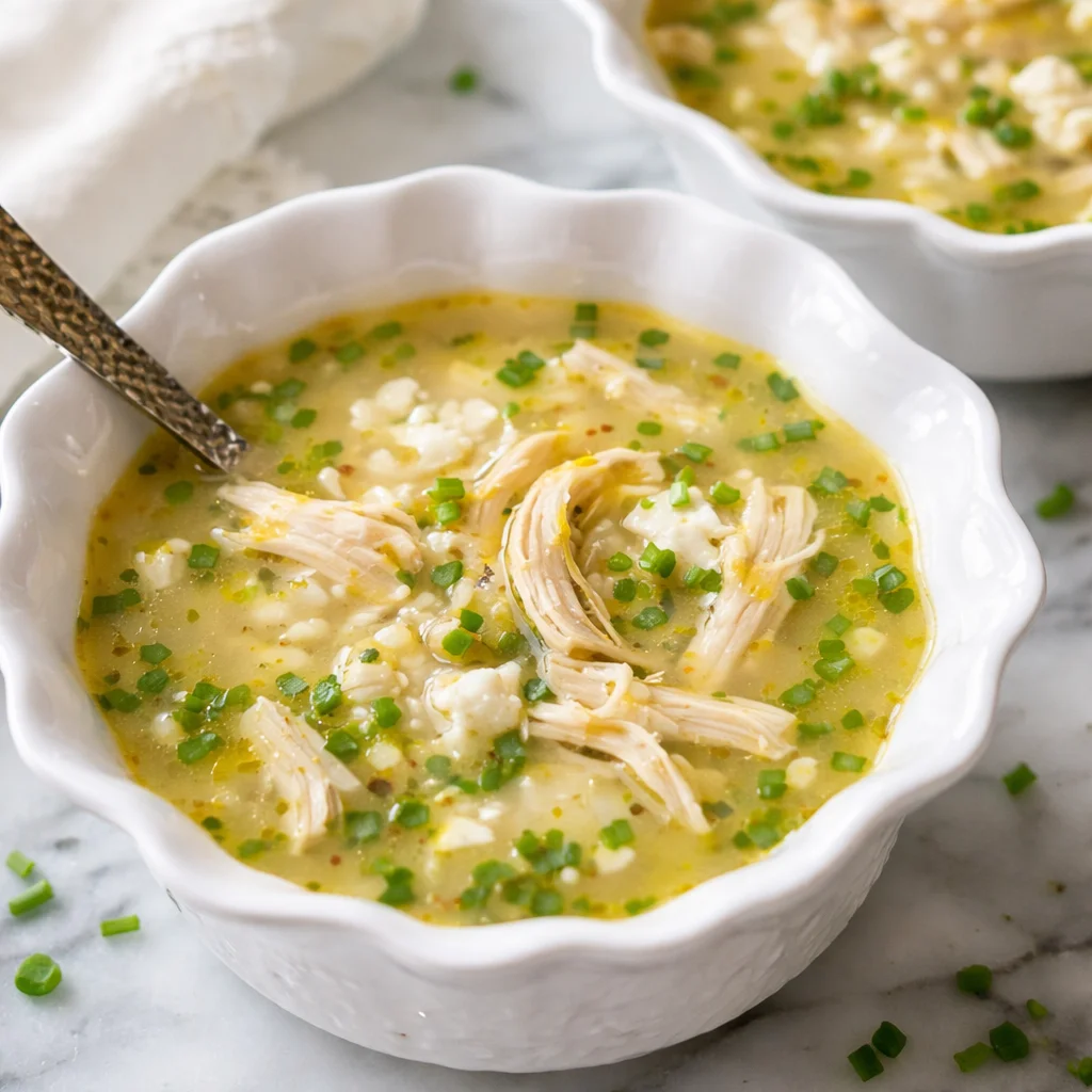 Bowl of Greek Lemon Chicken Soup (Avgolemono) with lemon wedges and a sprinkle of parsley.
