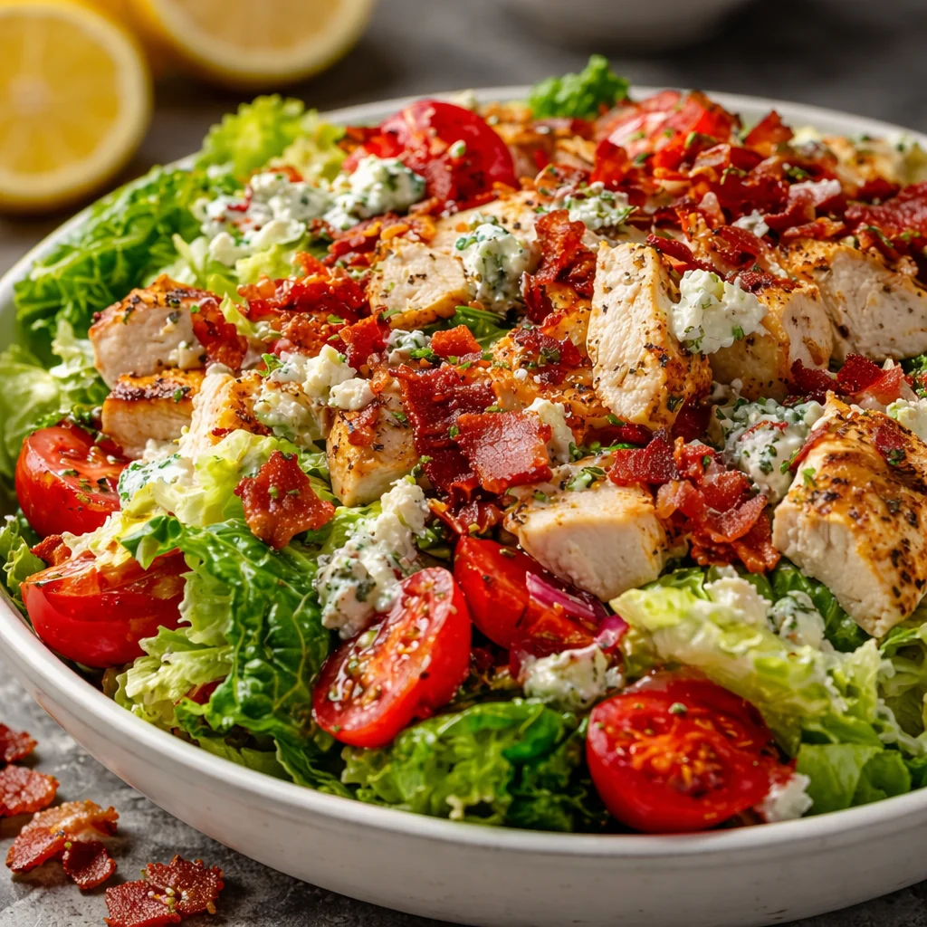Delicious BLT Chicken Salad with bacon, tomatoes, and creamy dressing served in a bowl.
