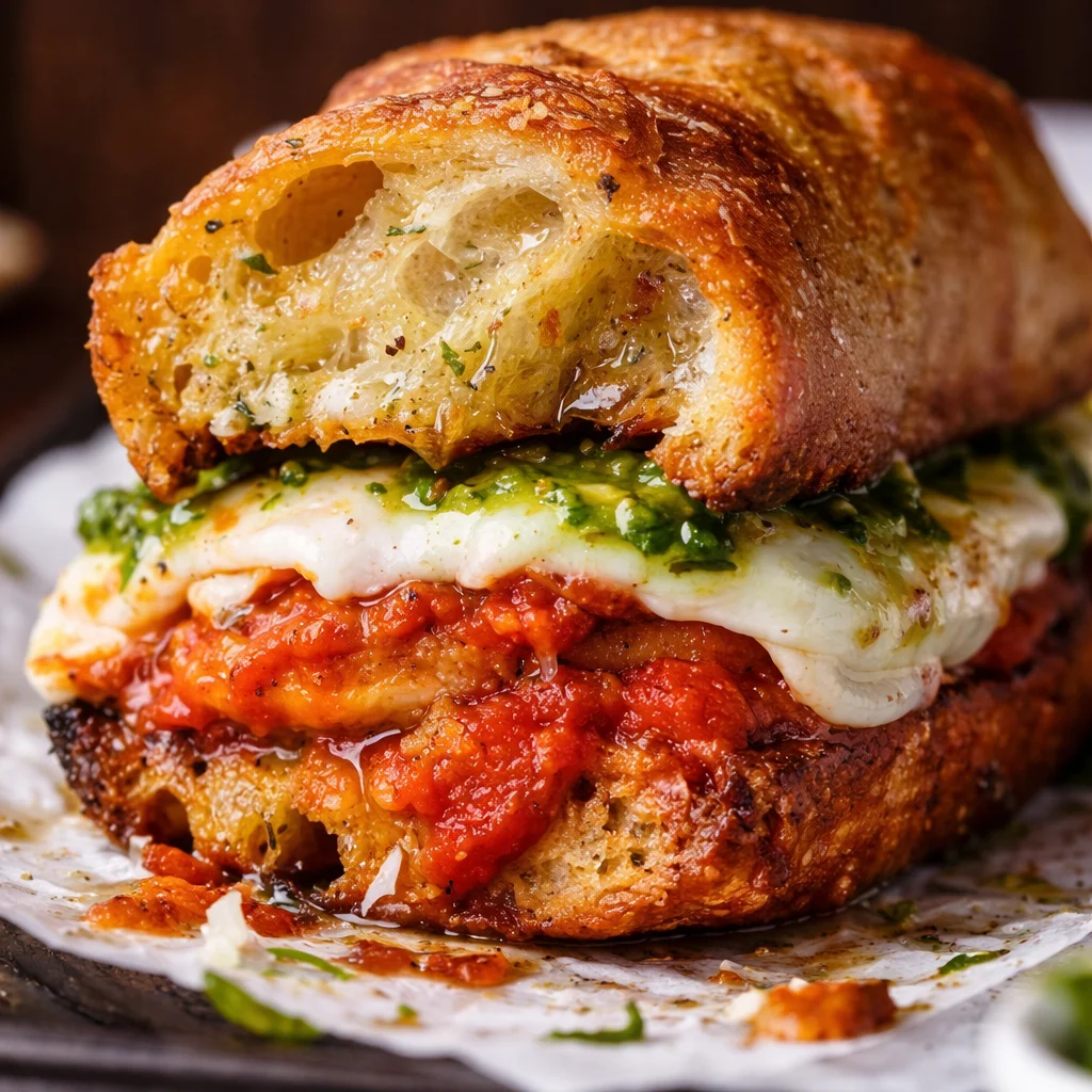 Delicious chicken parmesan sandwich with crispy chicken cutlet, marinara sauce, and melted cheese on garlic bread.