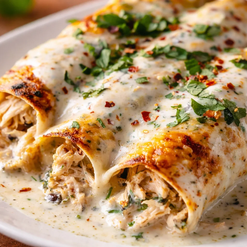 Healthy high protein chicken enchiladas with creamy white sauce and cheese