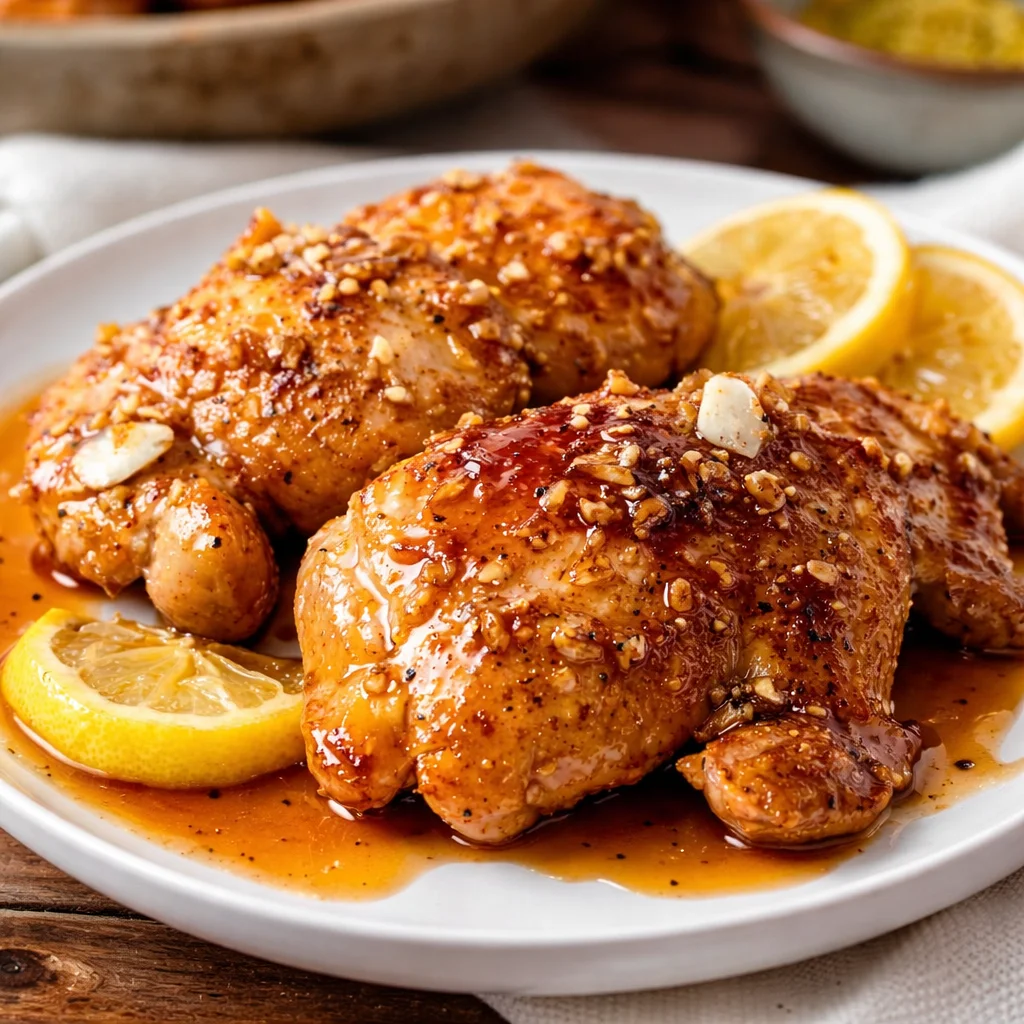 Honey Garlic Lemon Pepper Chicken Thighs served with a side of vegetables.