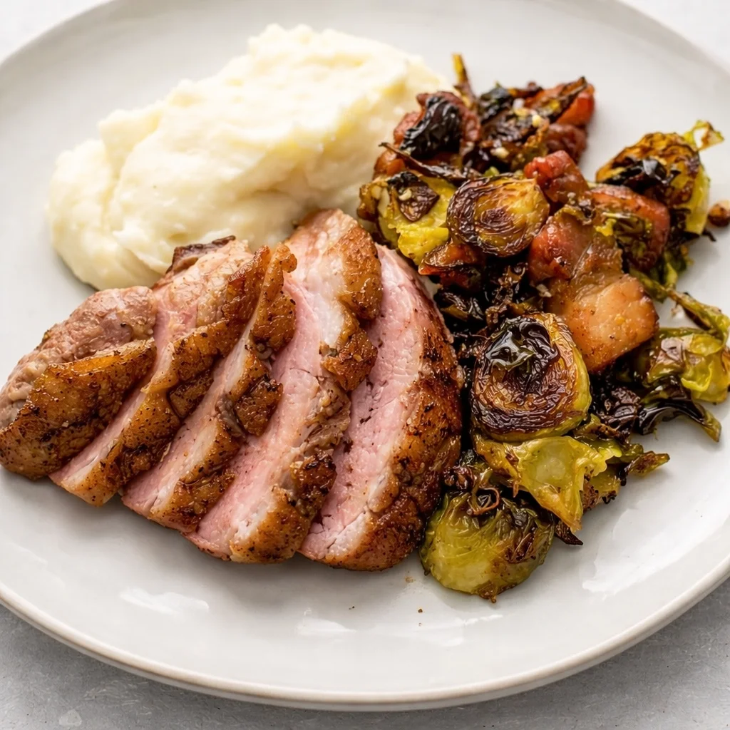 Seared Duck Breast with Cherry Sauce served on a plate with cherry reduction.