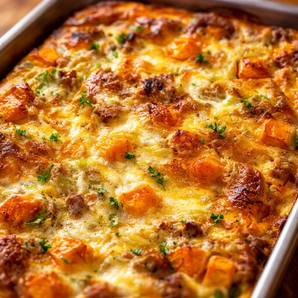 Protein-Packed Sweet Potato Egg Casserole with veggies and seasonings