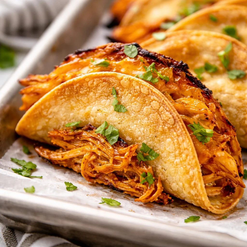 Plate of crispy Mini Baked Chicken Tacos filled with seasoned chicken and cheese.