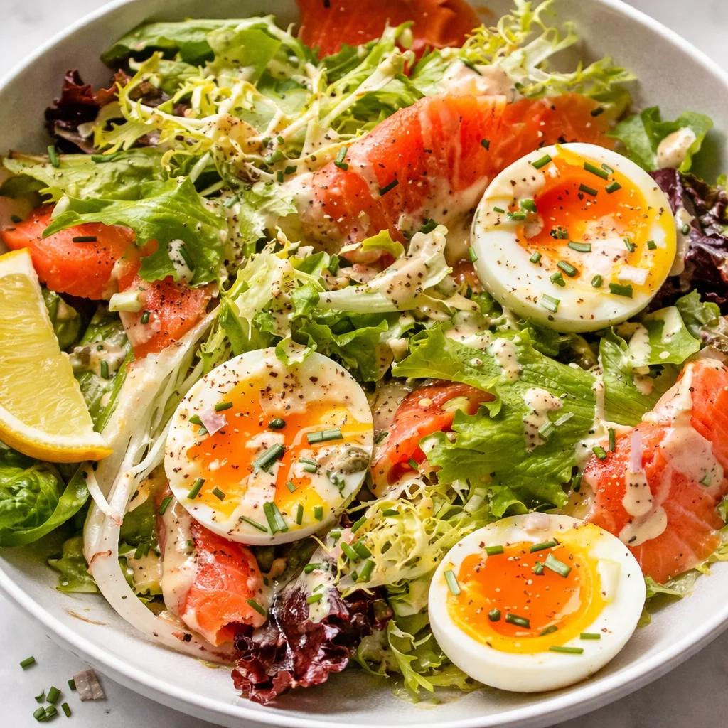 Smoked Salmon Salad in Creamy Caper Chive Dressing served on a plate with greens.