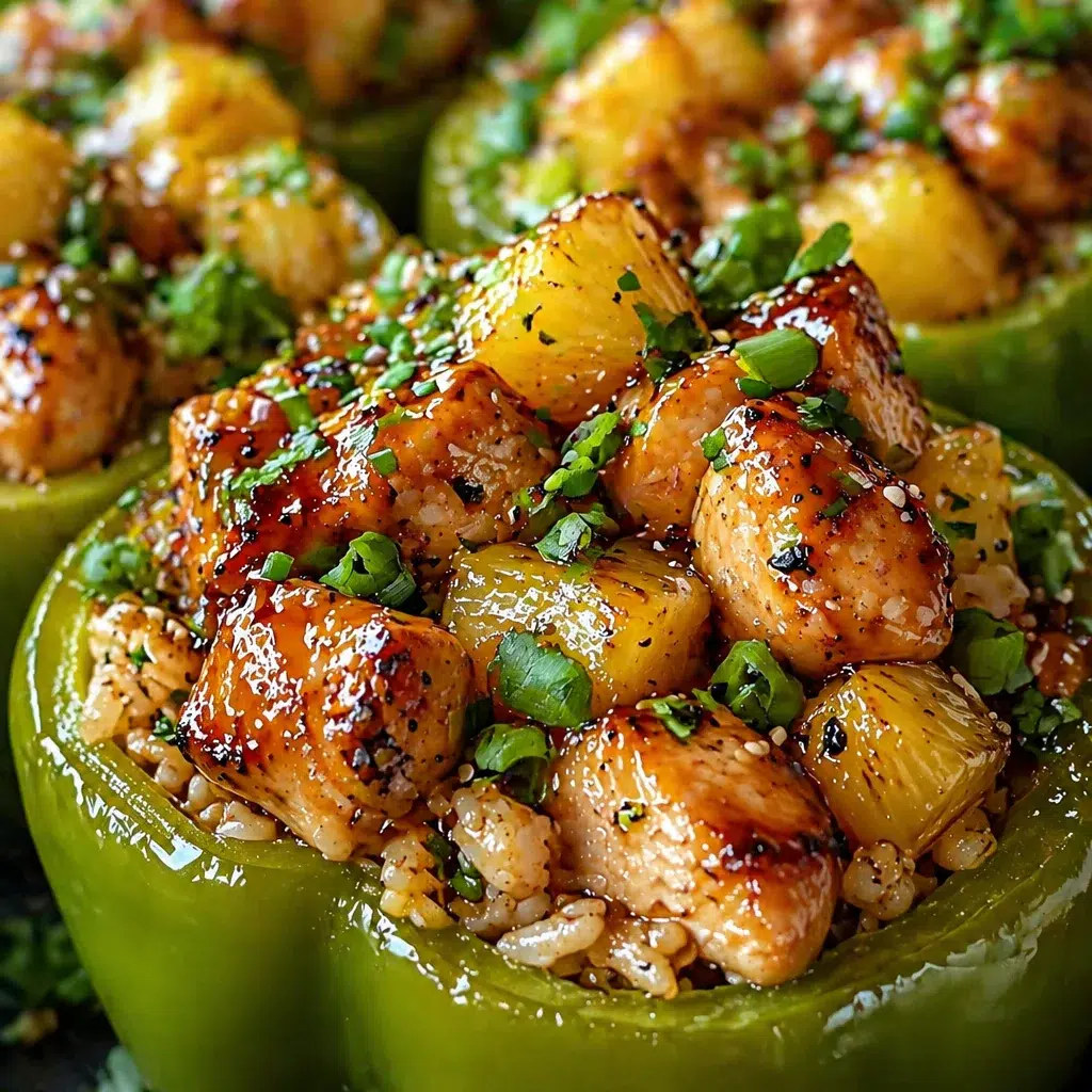 Colorful Teriyaki Pineapple Chicken and Rice Stuffed Peppers on a plate.