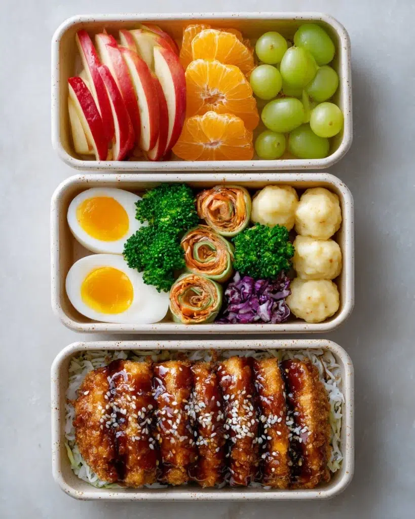Homemade tonkatsu bento lunch with breaded pork and colorful sides.