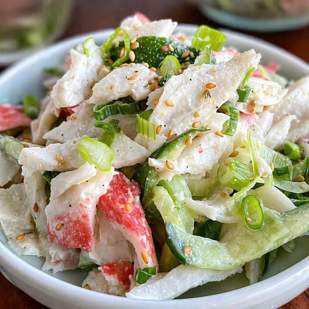 Crispy crab rangoon cucumber salad served in a bowl, topped with sesame seeds.