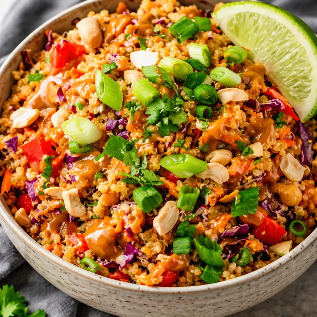 Vibrant Thai-Inspired Quinoa Salad with crunchy vegetables and spicy peanut dressing