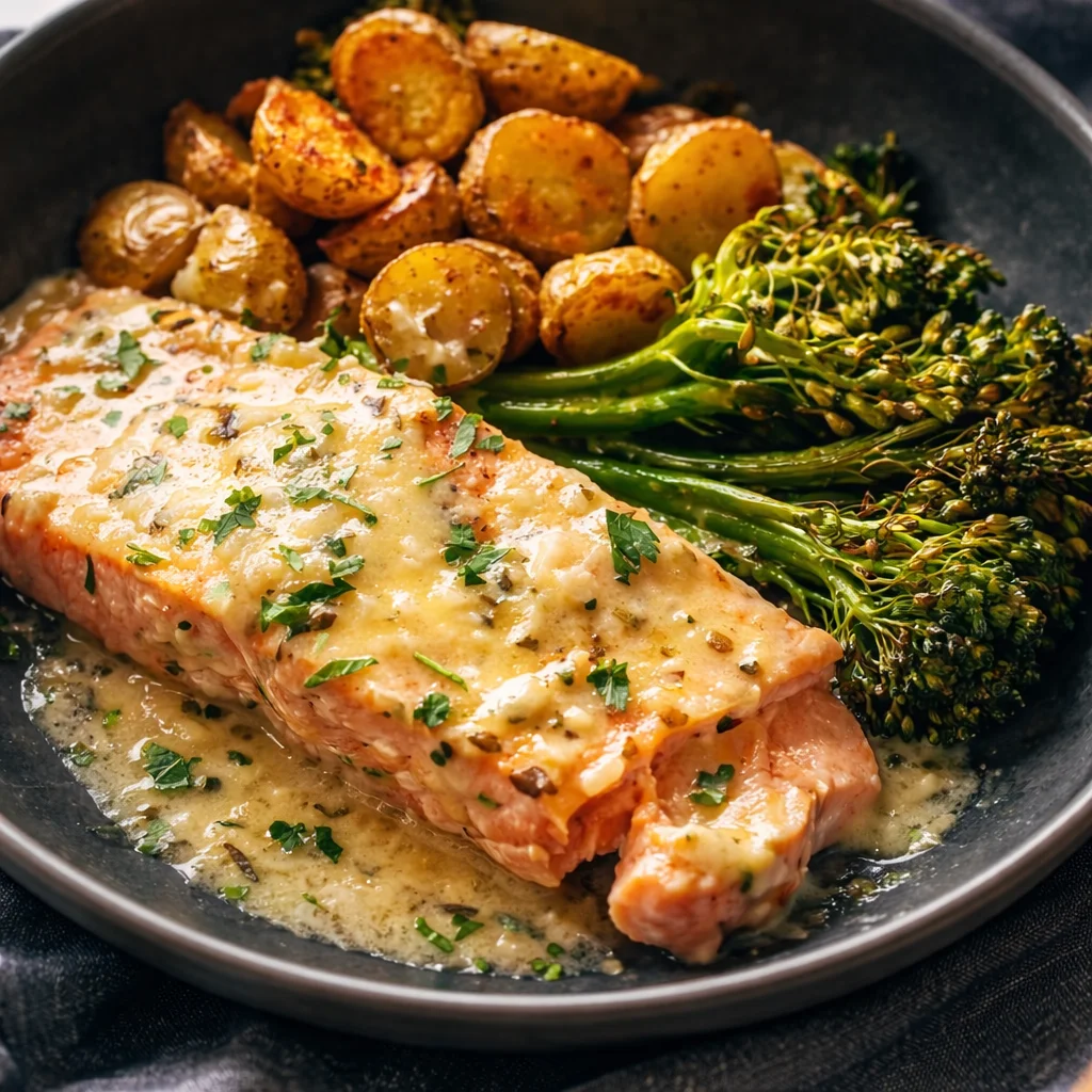Baked Salmon with Lemon Butter Sauce served on a plate with fresh herbs and lemon slices.