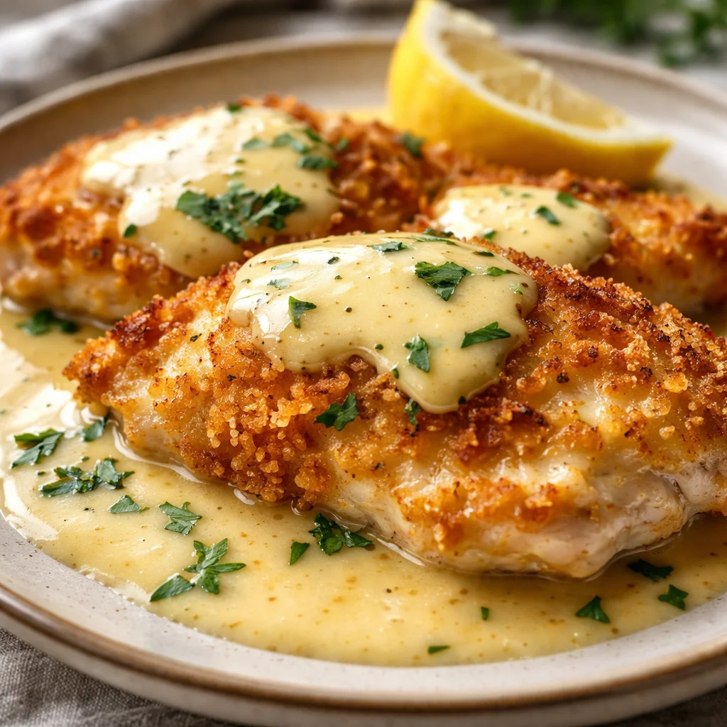 Lemon Pecorino Crusted Chicken with Creamy Lemon Sauce served on a plate.