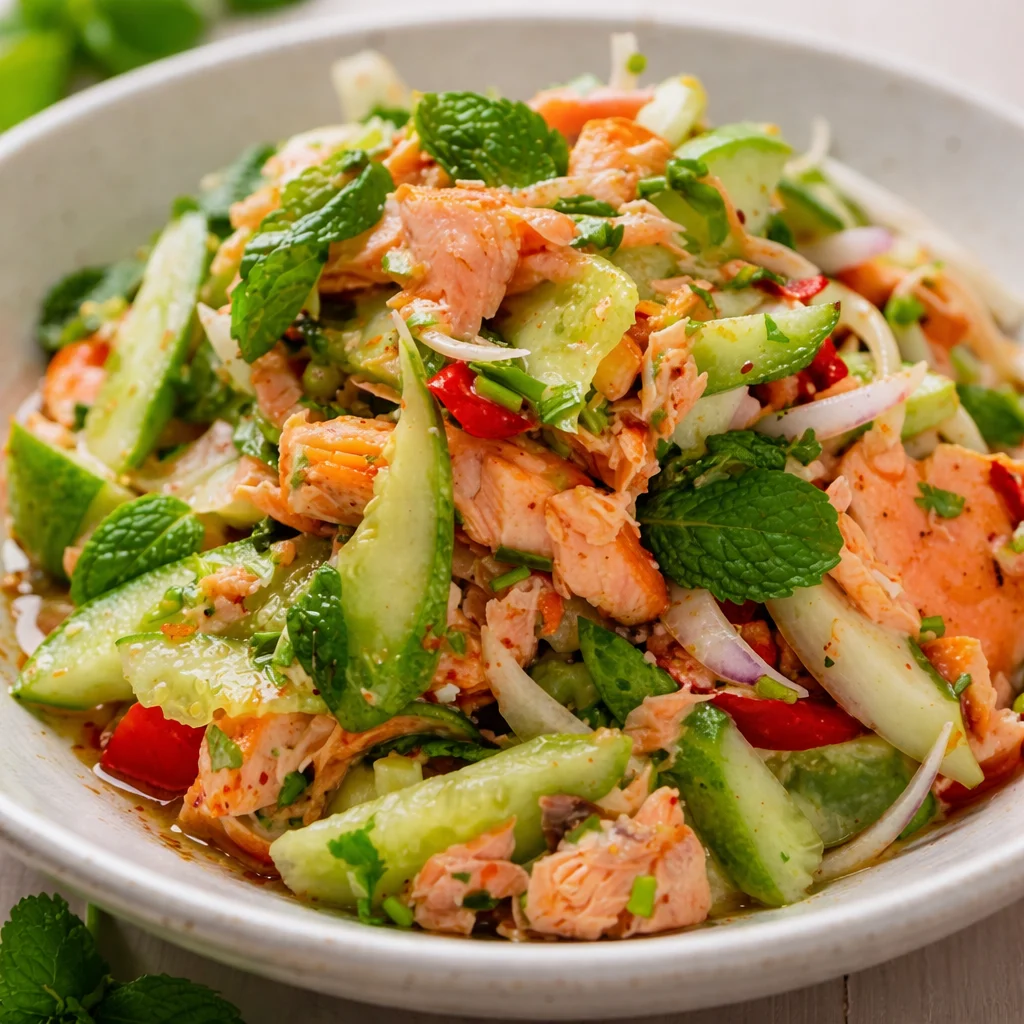 Thai Style Salmon Salad with fresh vegetables and zesty dressing.