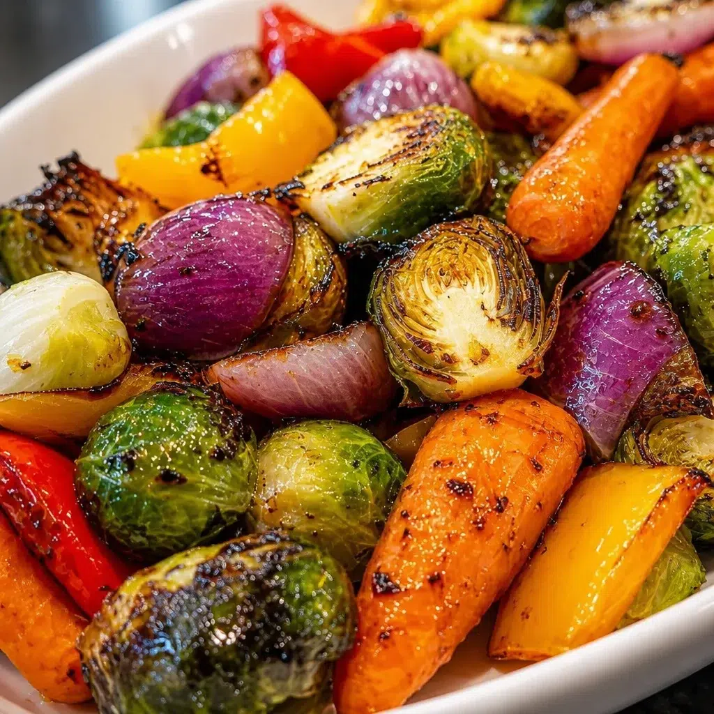 Balsamic glazed roasted vegetables served on a plate with herbs.