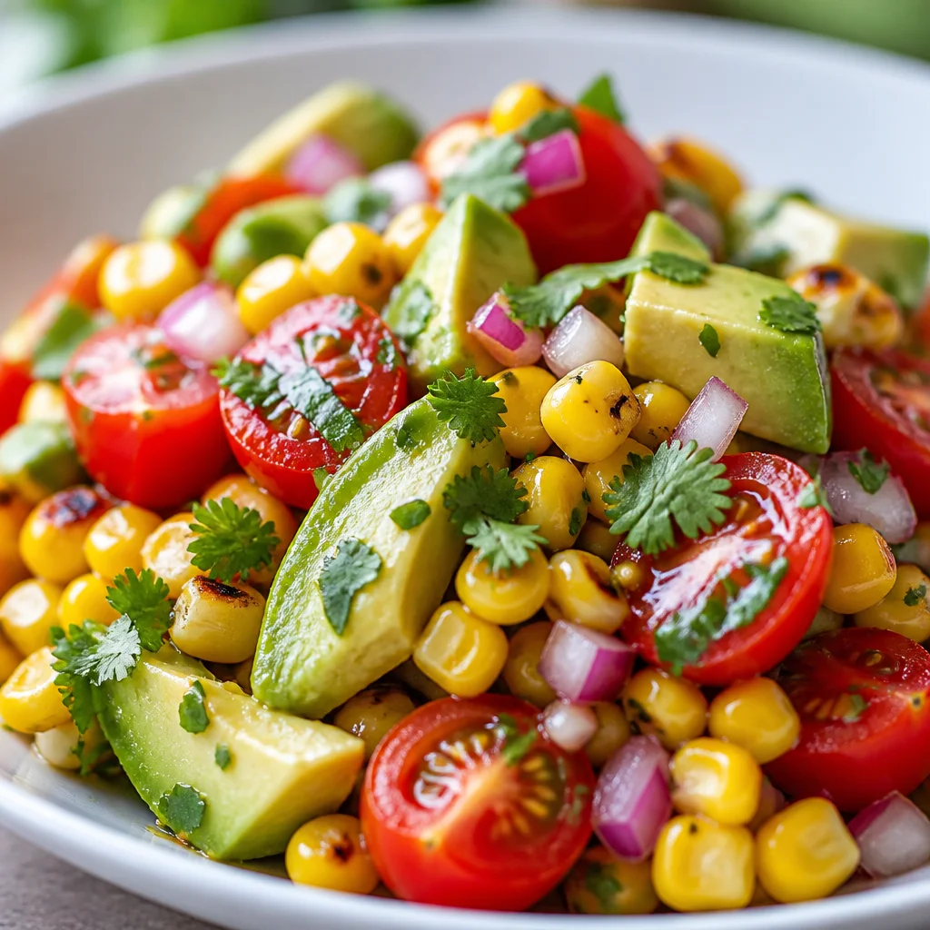 Delicious Corn Salad Recipe with Avocado, sweet corn, tomatoes, and lime dressing.