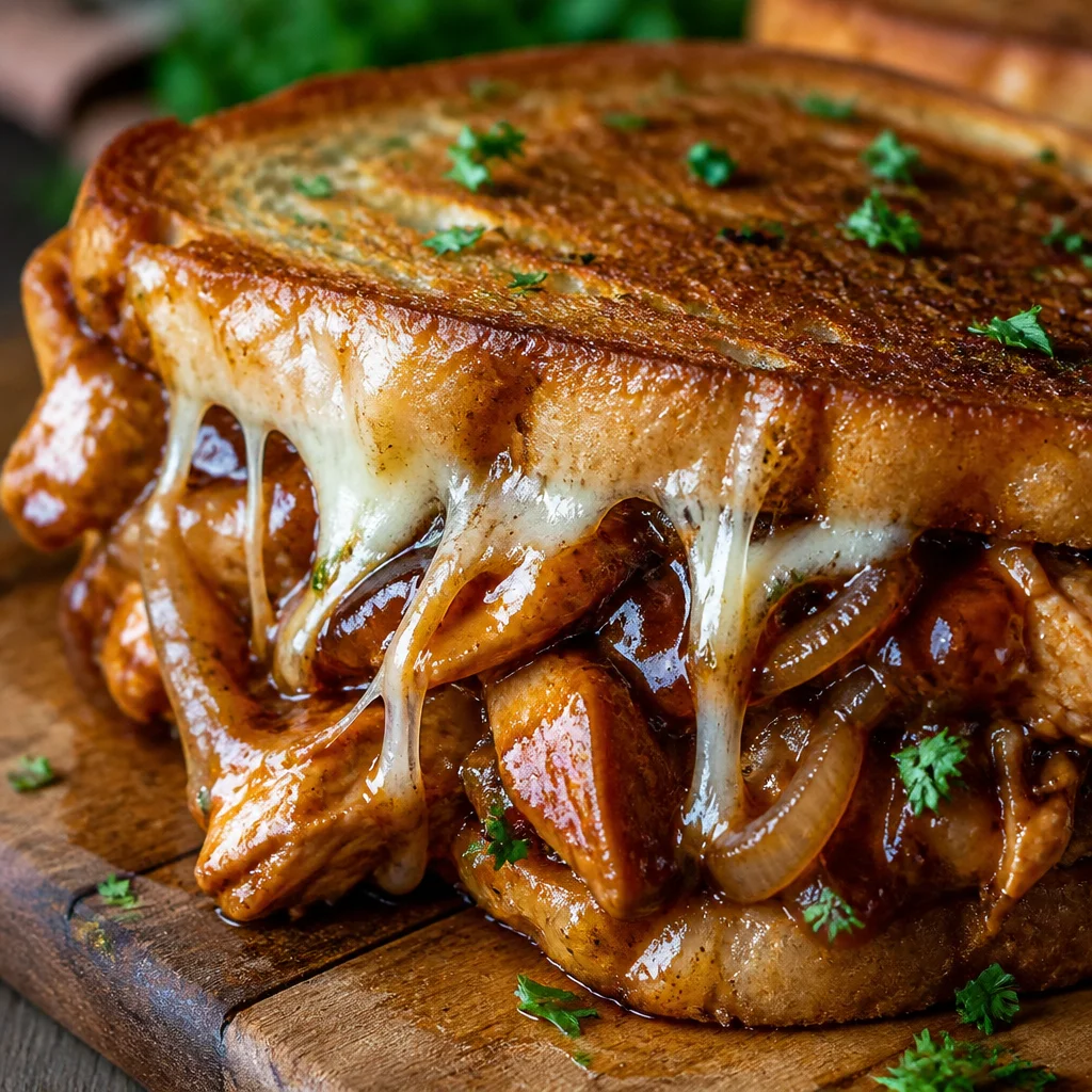 BBQ Chicken Grilled Cheese sandwich with melted cheese and BBQ chicken on toasted bread