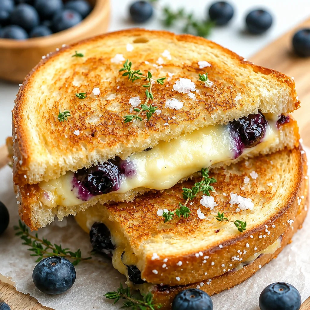 Gourmet Blueberry Grilled Cheese sandwich with melted cheese and fresh blueberries.
