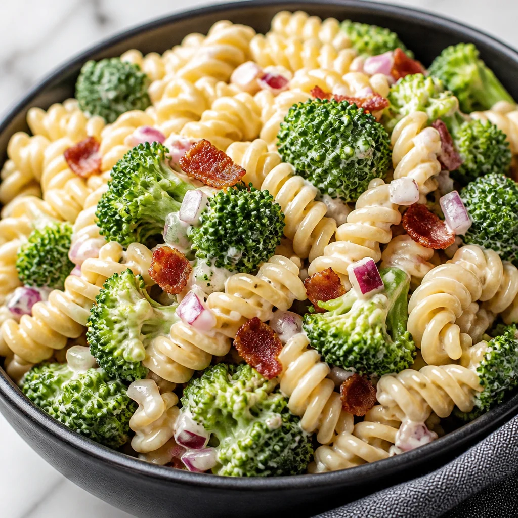 Fresh Broccoli Pasta Salad with crunchy vegetables and tangy dressing in a bowl.