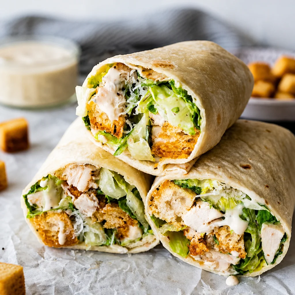 Delicious Chicken Caesar Wrap filled with grilled chicken, lettuce, and creamy dressing.