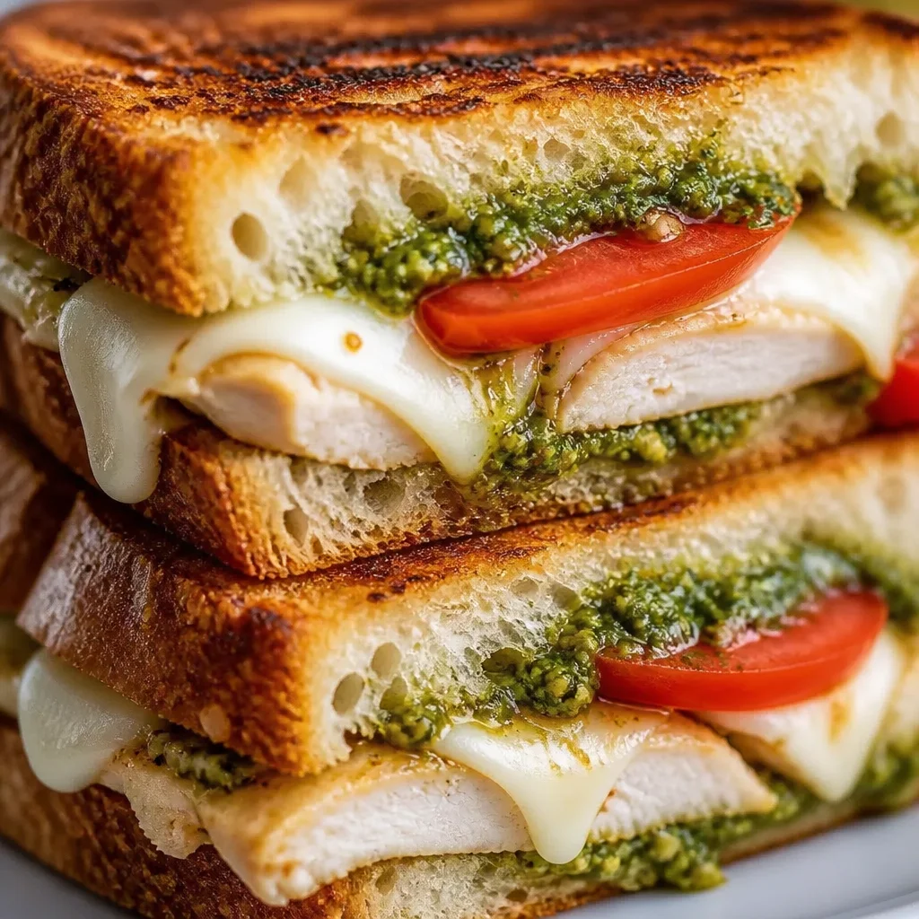 Delicious Chicken Pesto Sandwich with grilled chicken, arugula, and pesto sauce on ciabatta roll.