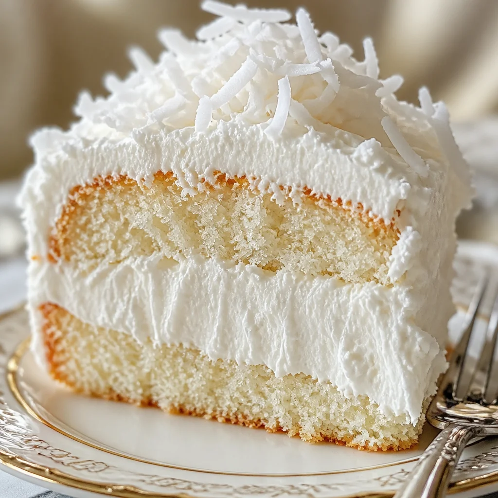 Delicious Coconut Cloud Cake with airy frosting and coconut topping.