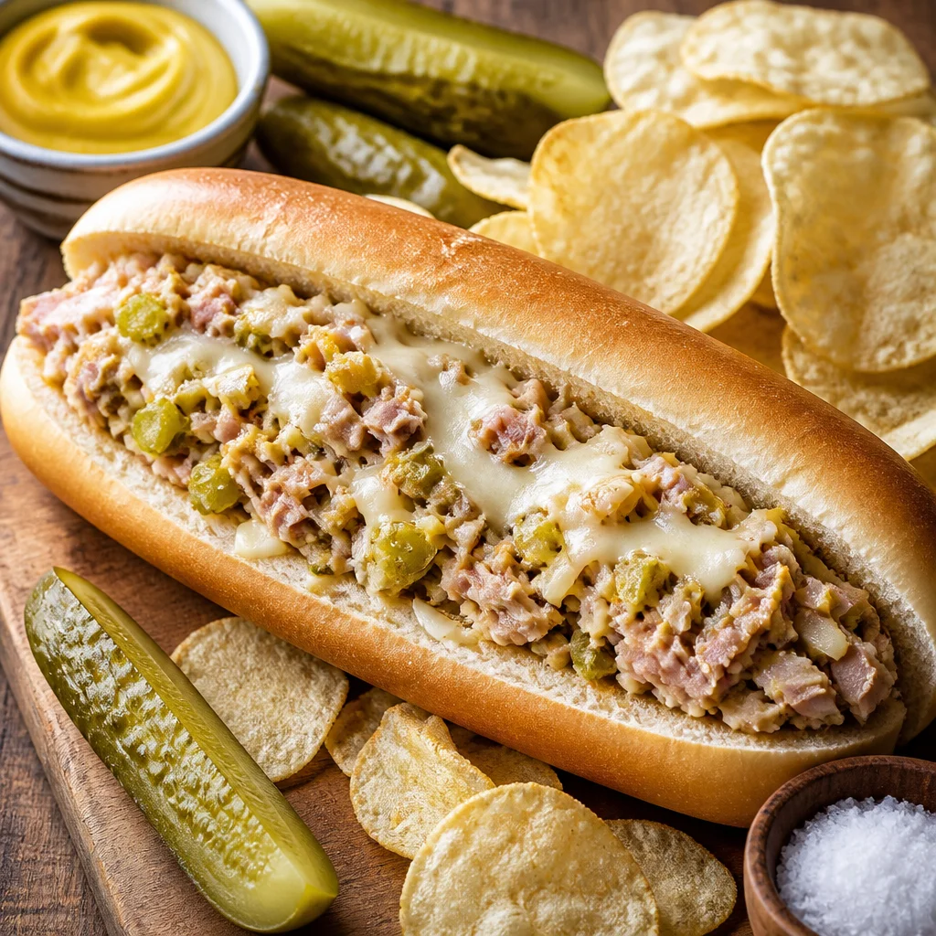 Cuban Chopped Grinder Sandwich with shredded pork, pickles, and Swiss cheese on a sub roll.