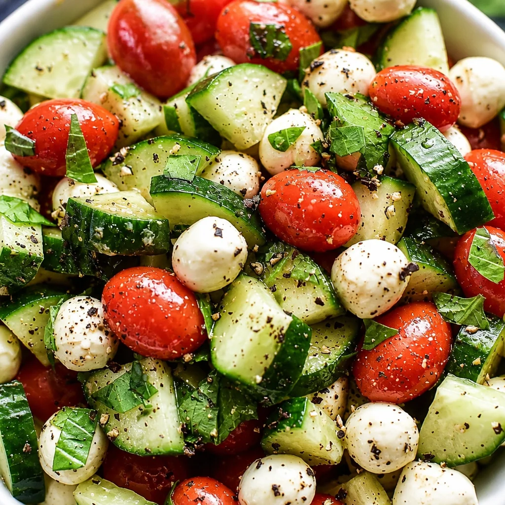 Delicious Cucumber Mozzarella Salad with fresh ingredients and balsamic dressing.