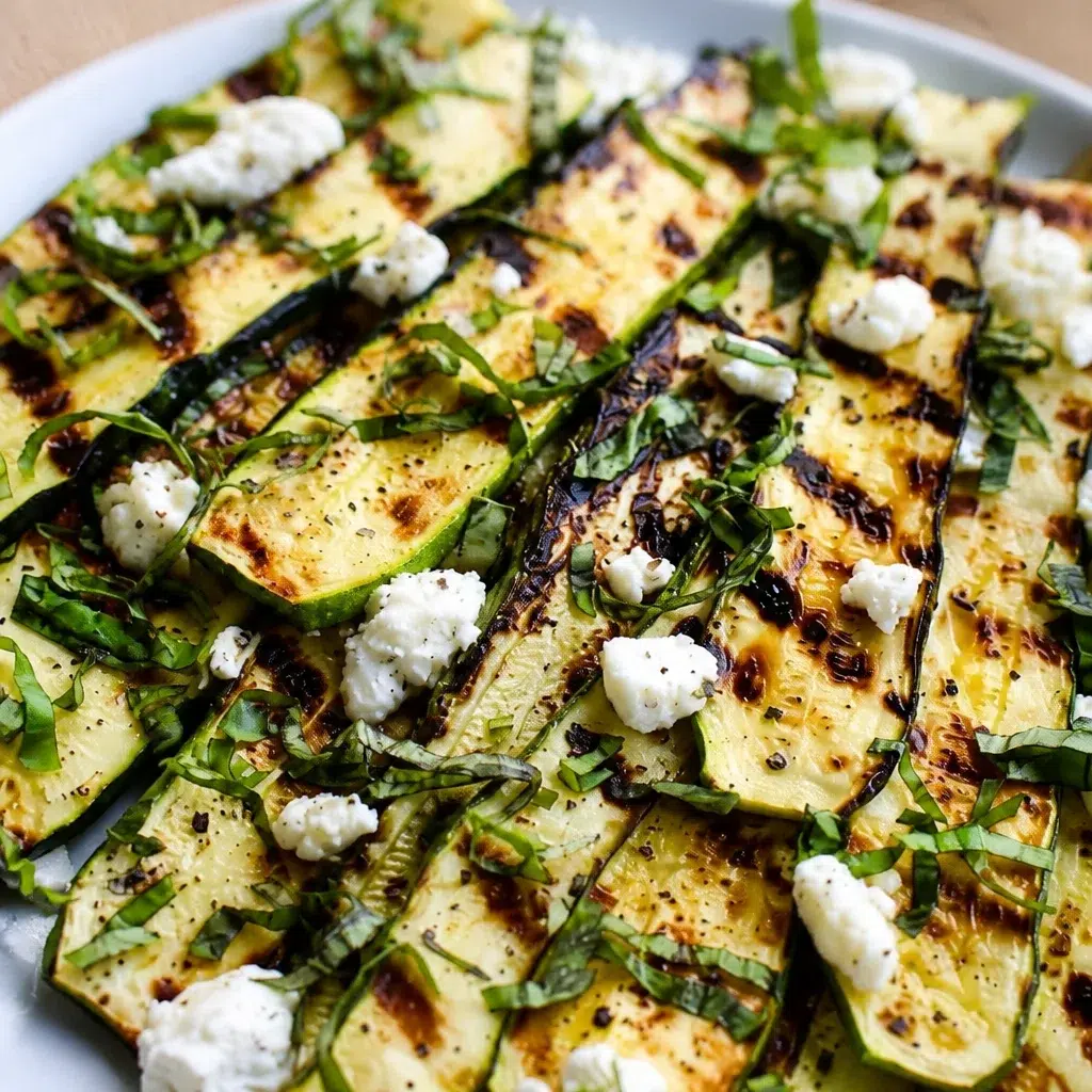 Delicious Grilled Zucchini With Goat Cheese, Basil, and Honey drizzled with balsamic glaze.