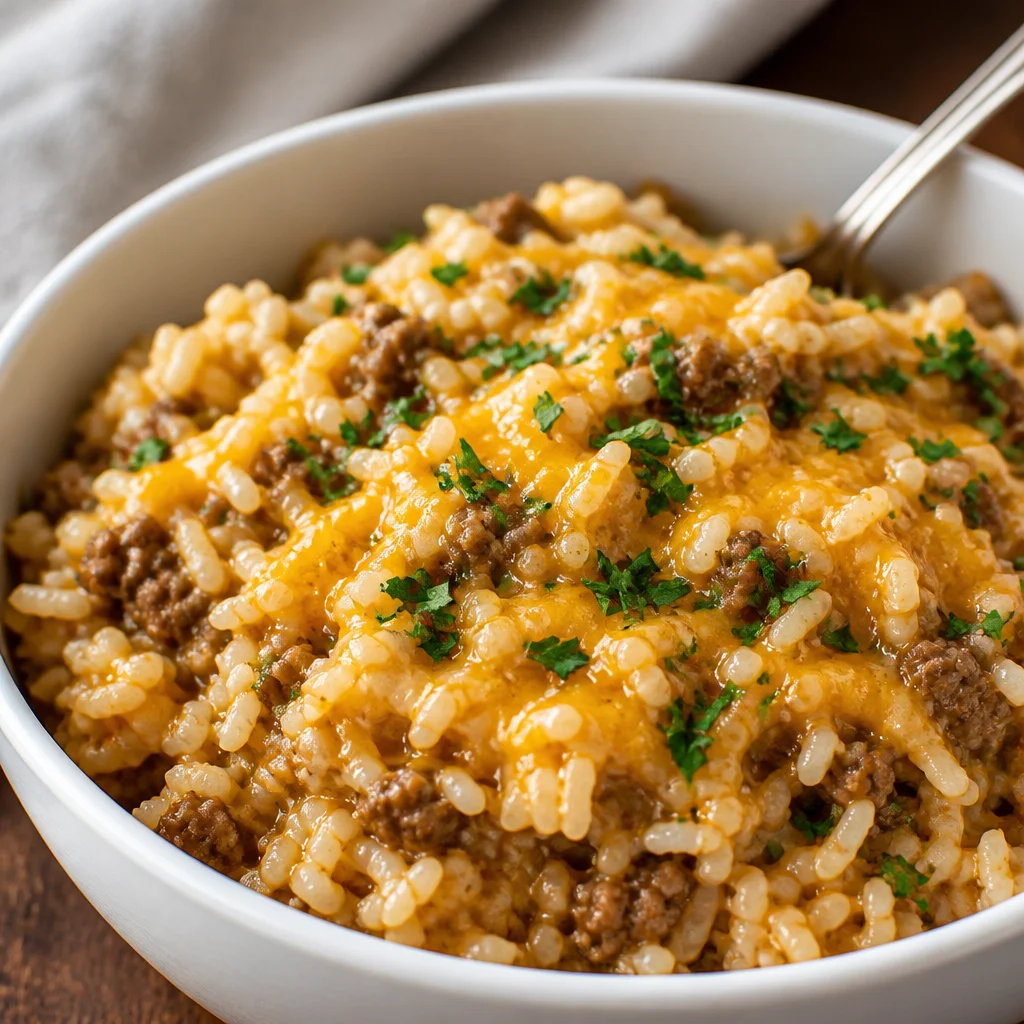 Cheesy Ground Beef and Rice Casserole served in a baking dish with melted cheese on top.