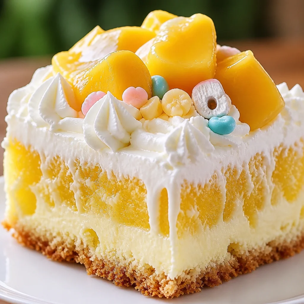 Delicious Hawaiian Poke Cake topped with whipped cream and pineapple.