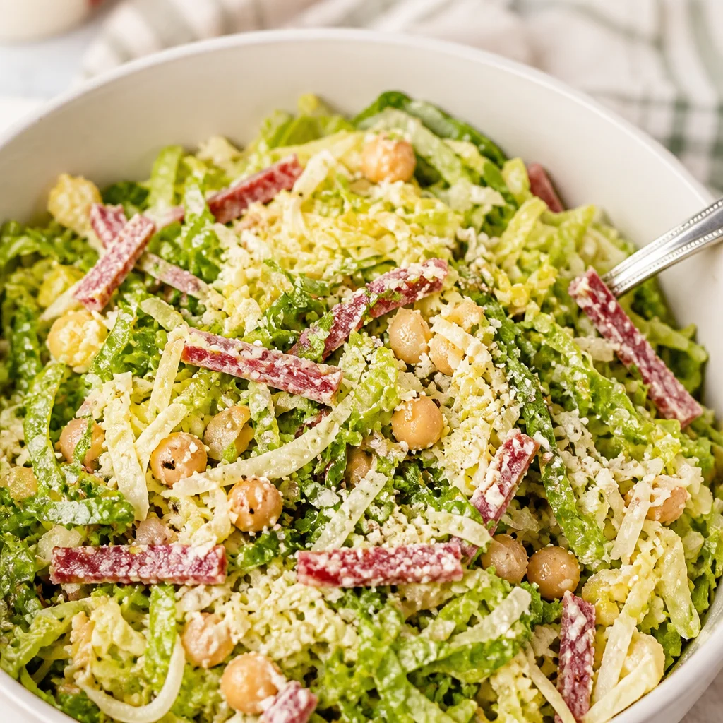 A bowl of Famous La Scala Chopped Salad with lettuce, salami, mozzarella, and dressing.