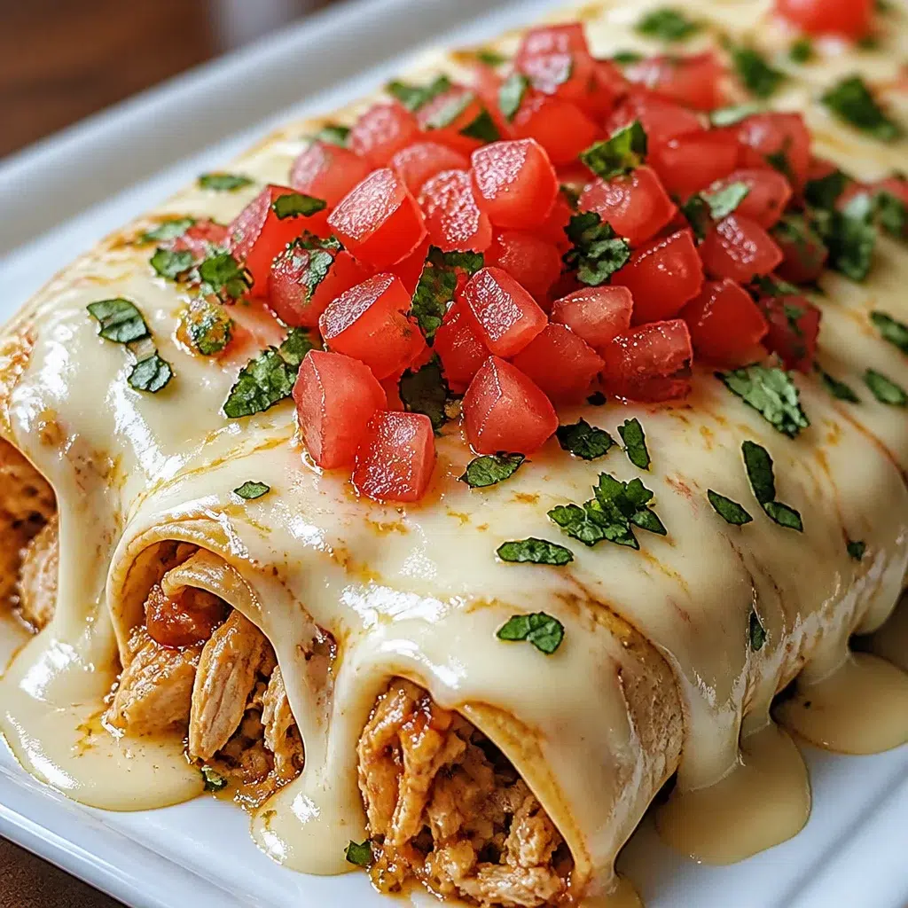 Delicious Queso Chicken Enchiladas topped with creamy queso sauce and cheese.