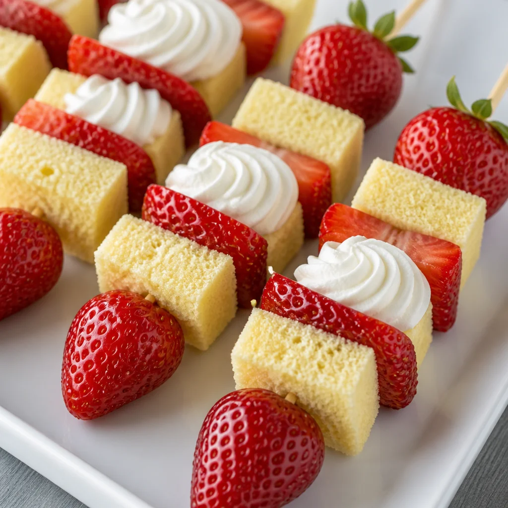 Delicious Strawberry Shortcake Kabobs with fresh strawberries and pound cake on skewers