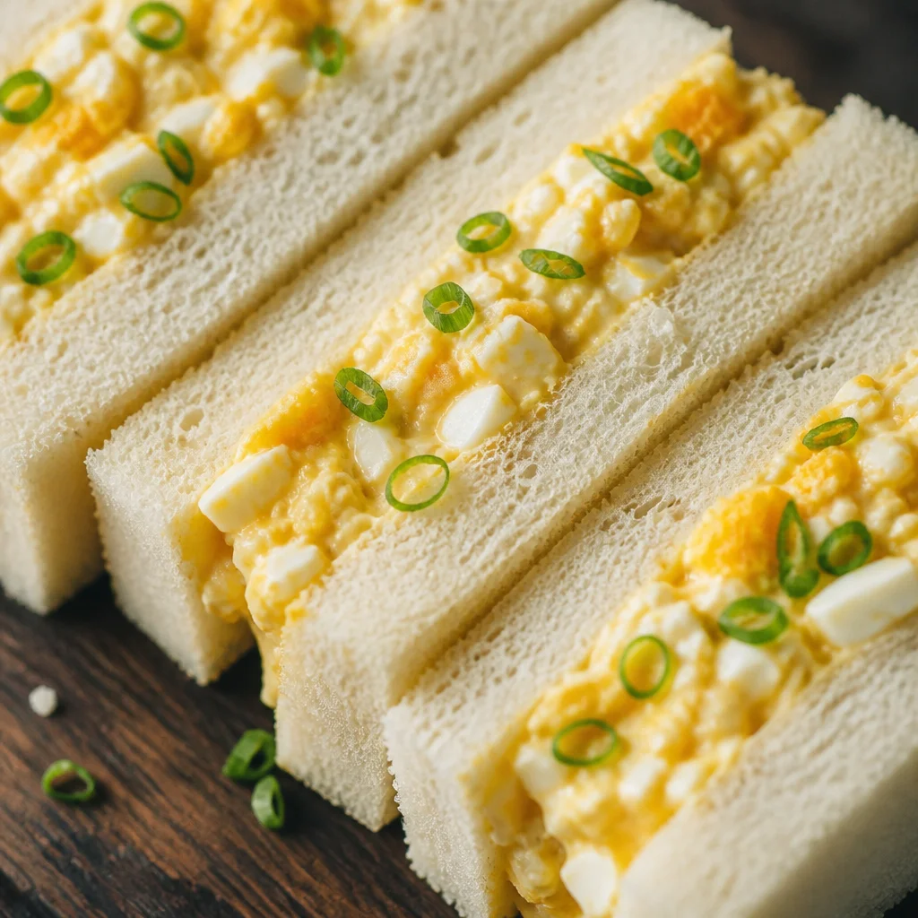 Japanese Egg Sandwich (Tamago Sando) with creamy egg salad in fluffy milk bread.