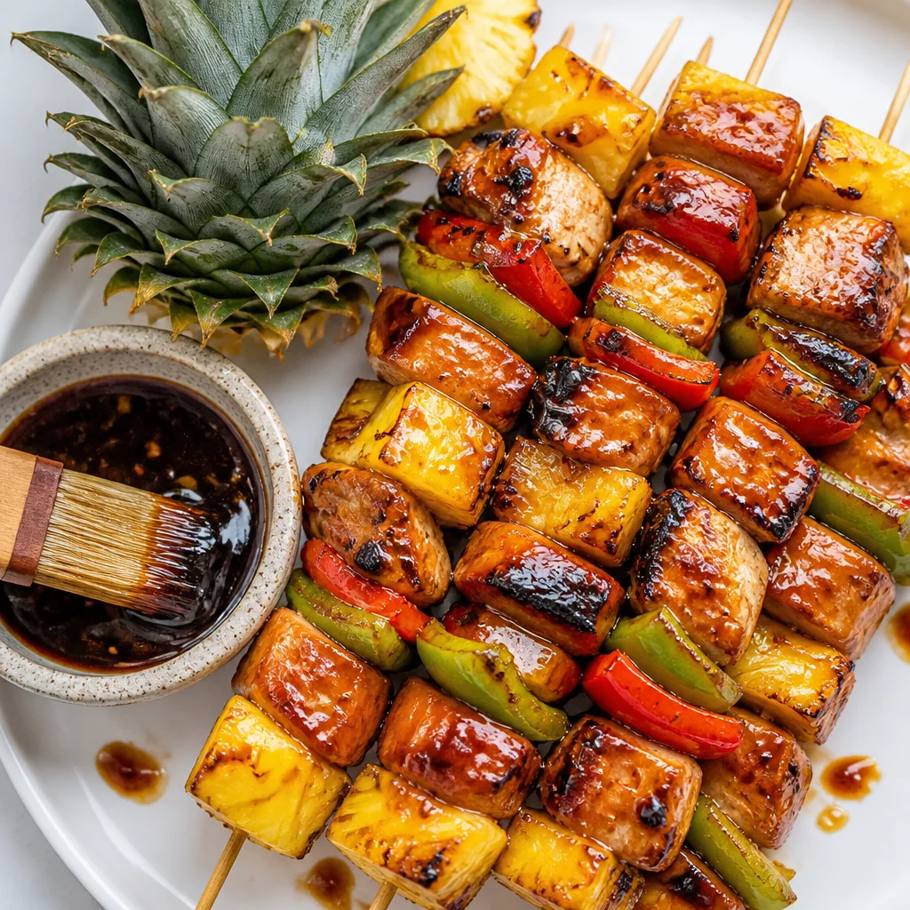 Delicious Teriyaki chicken pineapple kabobs grilled with peppers and sweet pineapple.