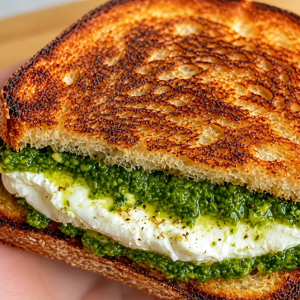 Delicious Best Burrata Grilled Cheese Sandwich with fresh ingredients and pesto.