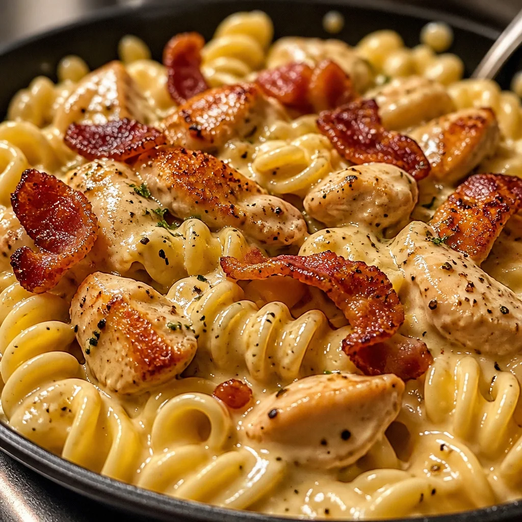 Delicious creamy chicken bacon ranch pasta topped with crispy bacon and fresh herbs.