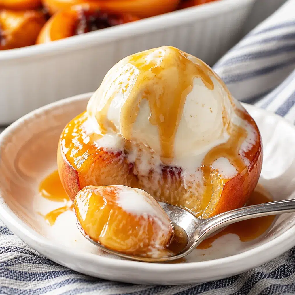 Cinnamon Sugar Baked Peaches topped with brown sugar and served with vanilla ice cream