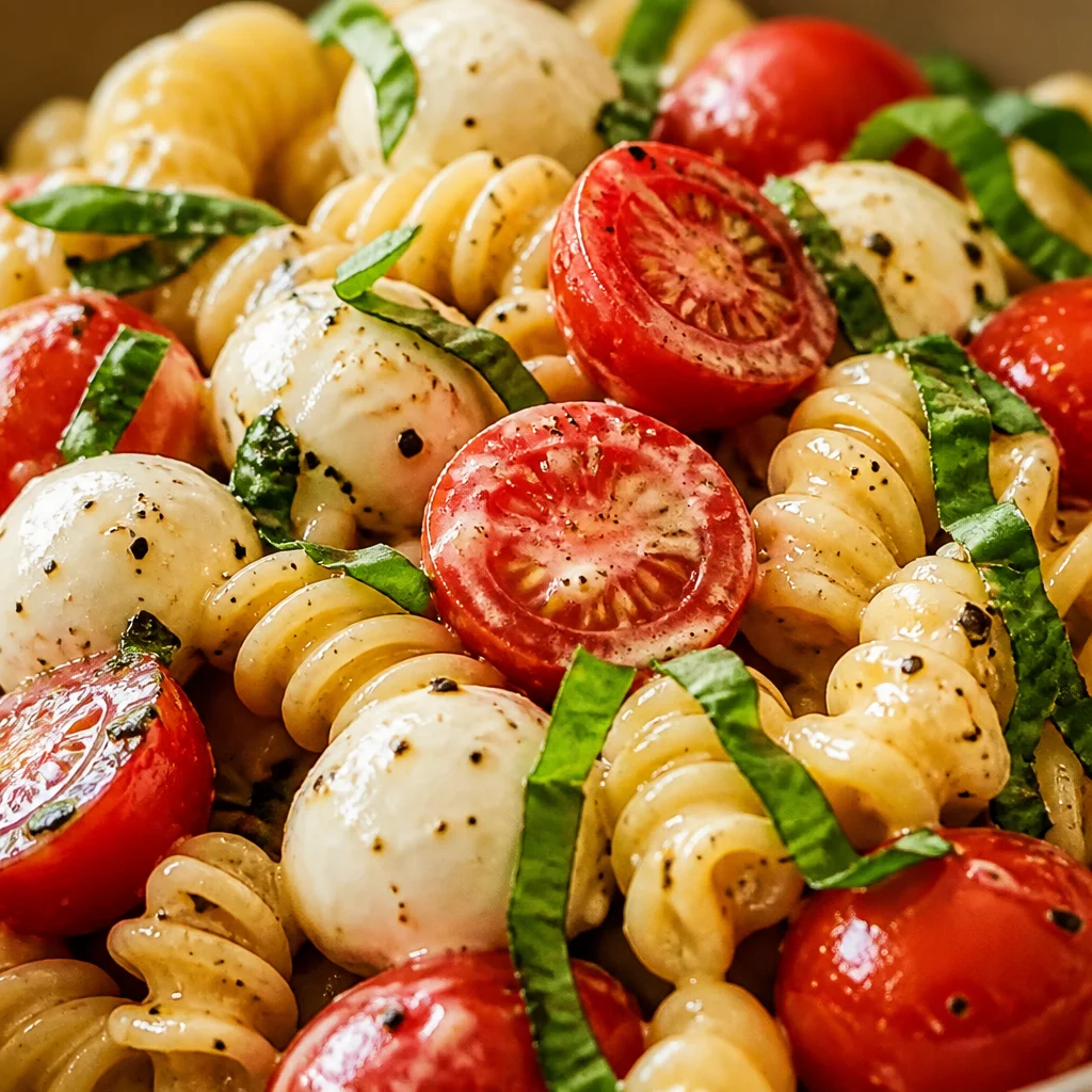 Delicious Easy Caprese Pasta Salad with cherry tomatoes, mozzarella, and fresh basil