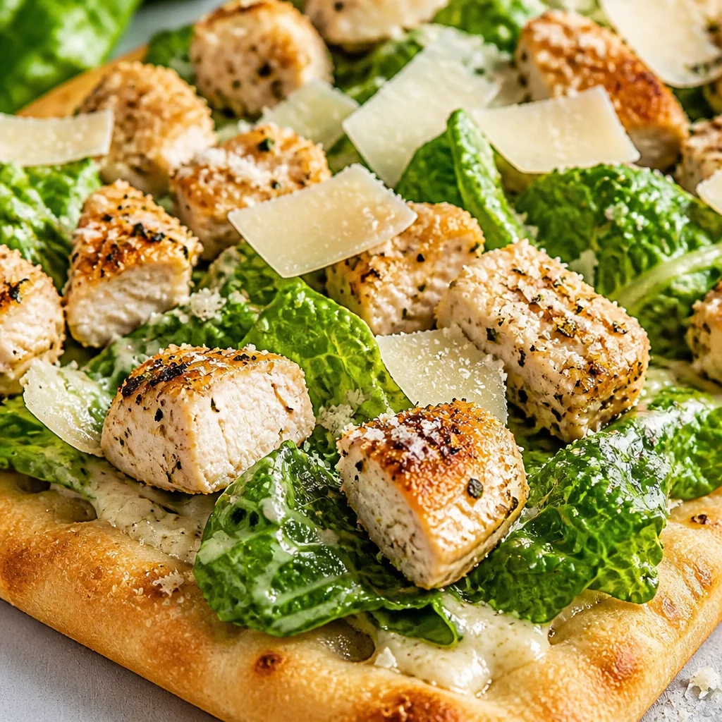 Delicious Chicken Caesar Flatbread topped with grilled chicken and fresh lettuce.