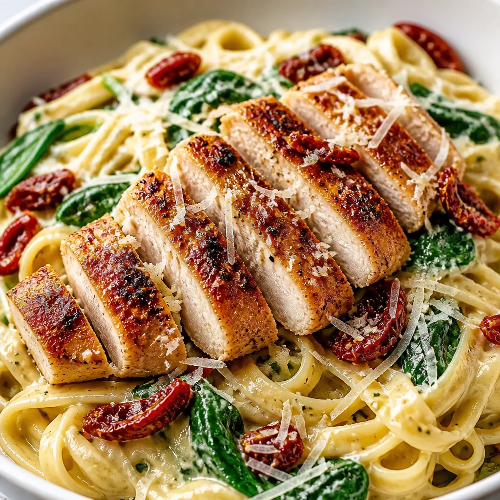 Bowl of light pesto pasta with chicken, garnished with fresh basil and parmesan cheese.