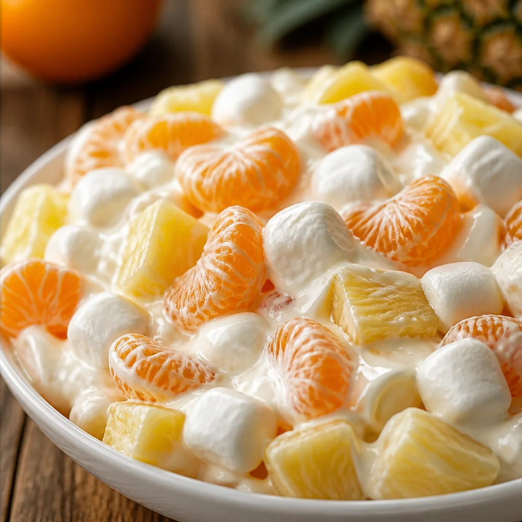 Hawaiian Fruit Salad With Cool Whip topped with coconut and tropical fruits.
