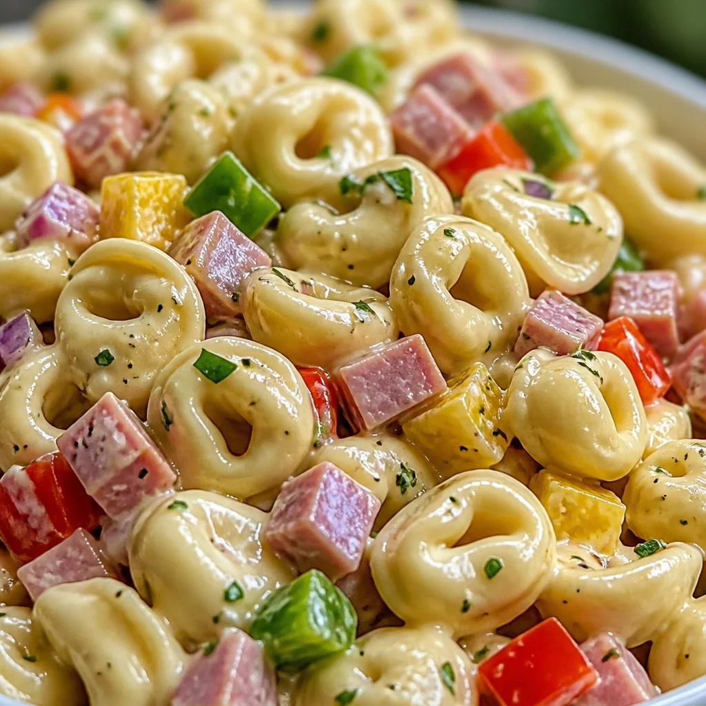 Colorful Hawaiian Tortellini Salad with ham, pineapple, and veggies in pineapple-ginger dressing.