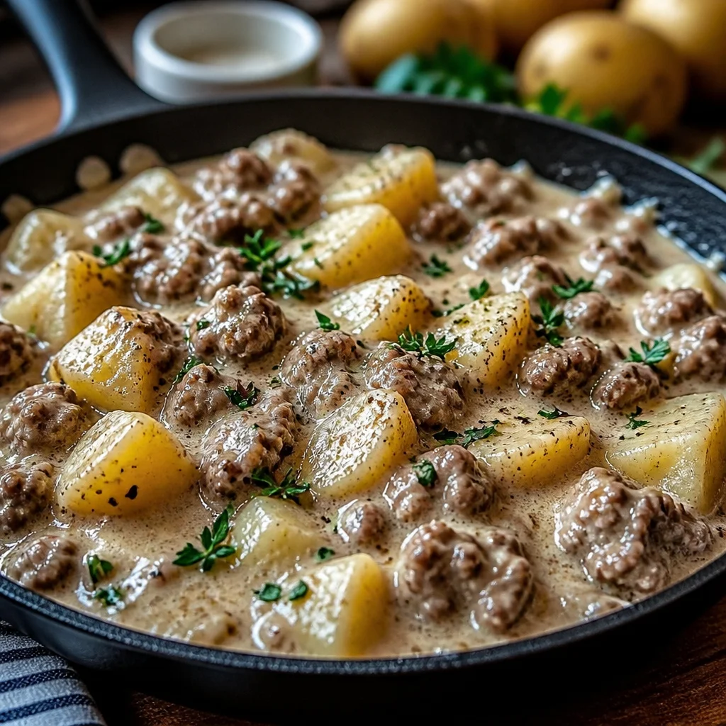 One-Pan Creamy Meat and Potato Skillet with ground beef and diced potatoes in a skillet