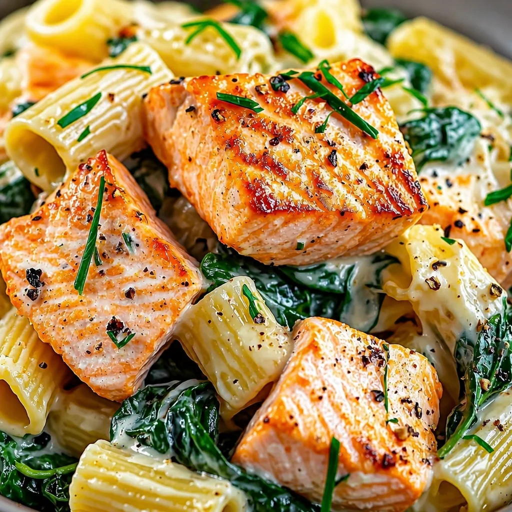 Creamy Salmon Spinach Pasta with garlic and lemon in a rich parmesan sauce
