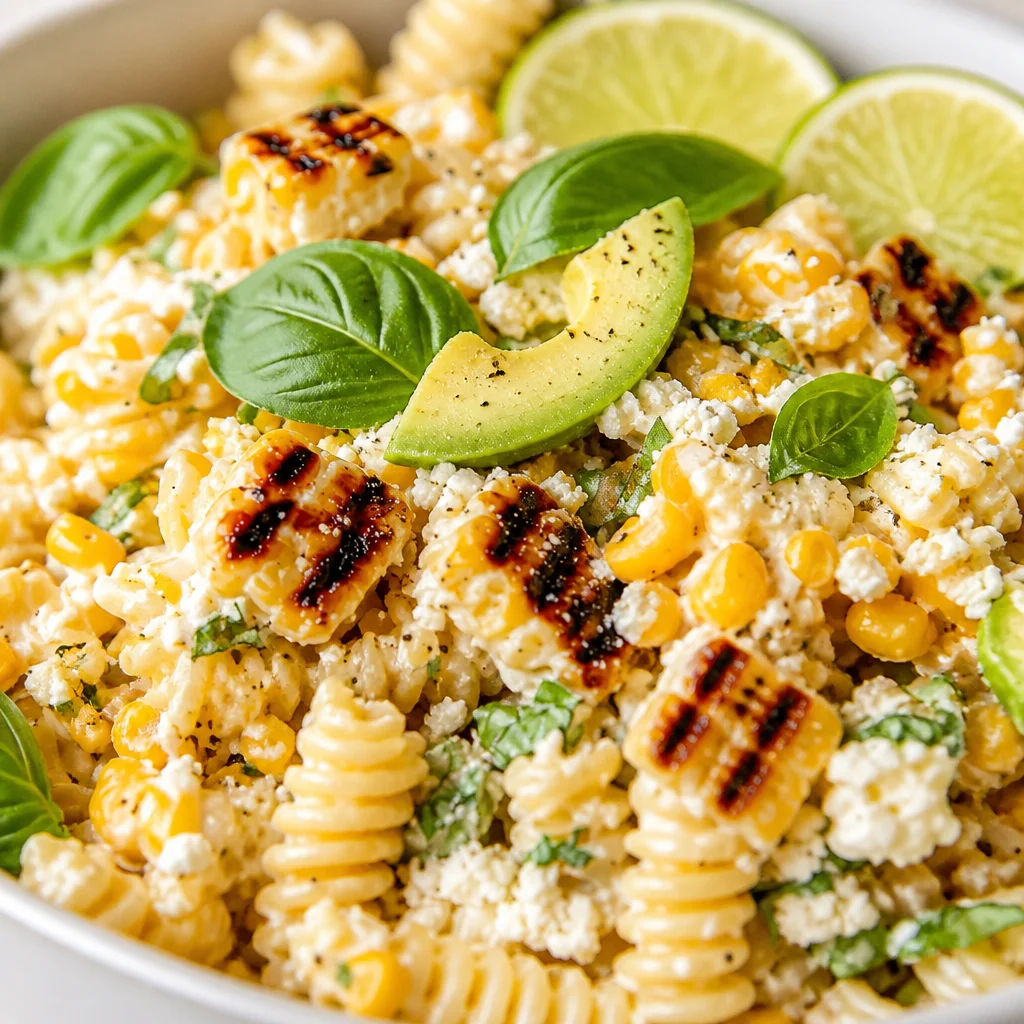 Healthy Street Corn Pasta Salad with creamy dressing, grilled corn, and fresh ingredients.