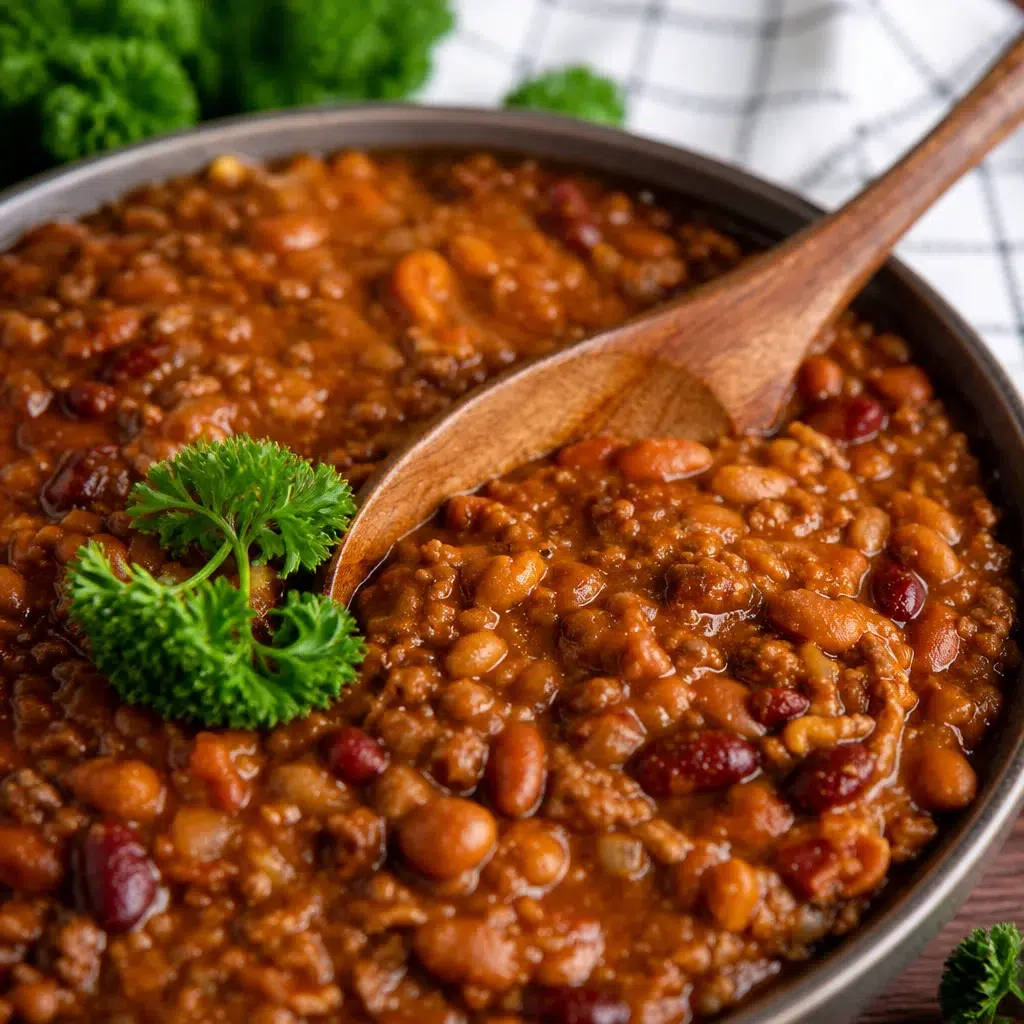 Delicious Cowboy Beans with ground beef and bacon in a tangy sauce.