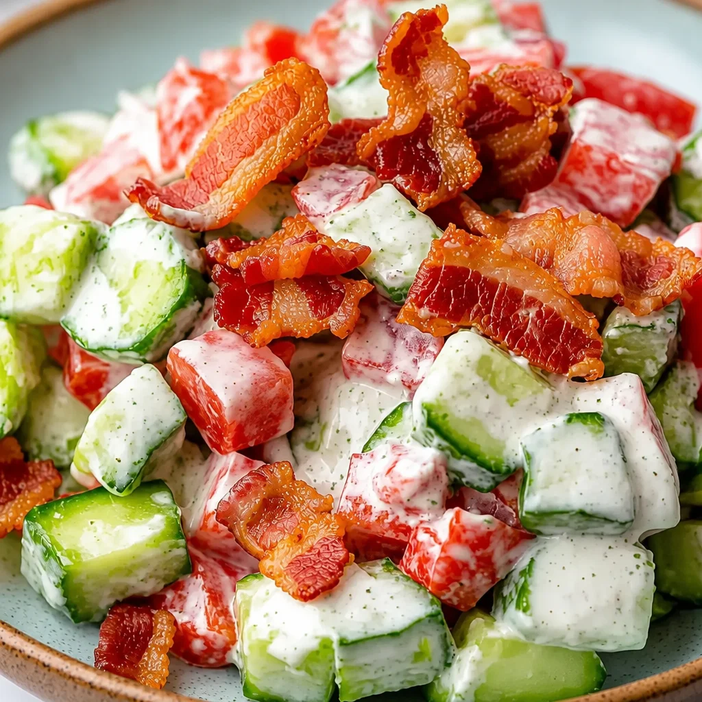 Healthy Cucumber Salad with Bacon garnished with fresh herbs and tomatoes.