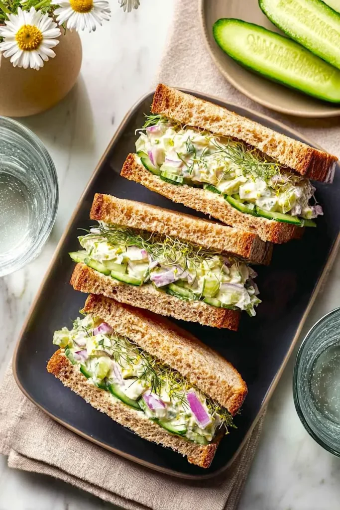 Easy cucumber salad sandwiches with cream cheese and thinly sliced cucumbers.