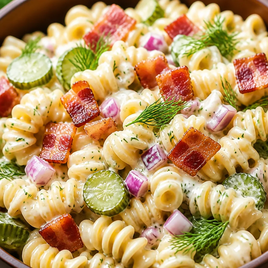 Creamy Dill Pickle Bacon Pasta Salad with crispy bacon, cheese, and crunchy pickles.